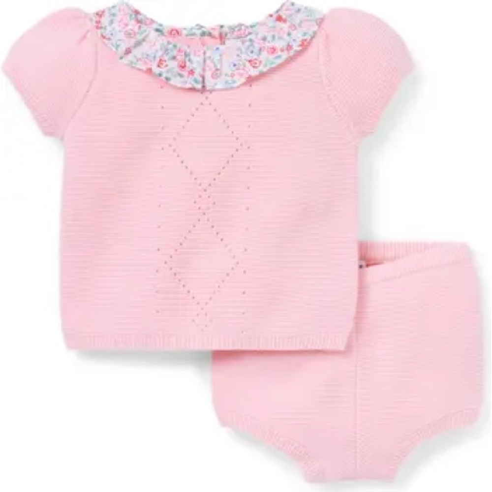NWT 0-3M Janie and Jack Pink Knit Top & Bloomers Set with Floral Ruffle Collar